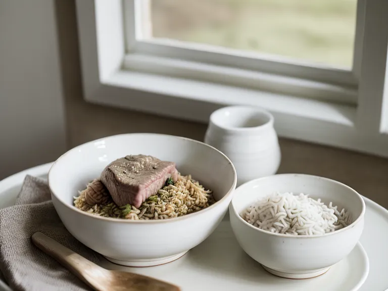 A person squeezing fresh renal support dog food into a ceramic bowl