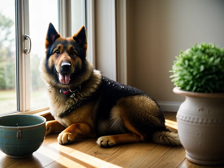 A senior shepherd mix sitting alert and healthy by a sunny window