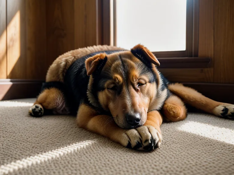 A senior shepherd dog resting comfortably after starting a new joint supplement regimen.
