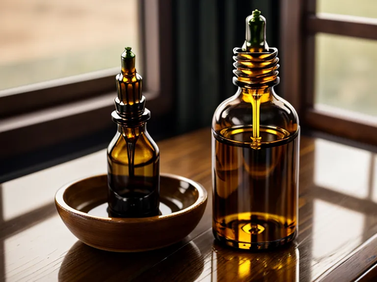 A CBD oil dropper bottle on a kitchen counter next to a dog bowl.