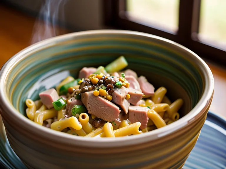 Fresh turkey and macaroni dog food being served in a ceramic bowl.