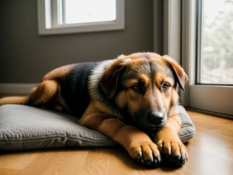 A senior shepherd and a beagle resting comfortably in a sunlit living room.