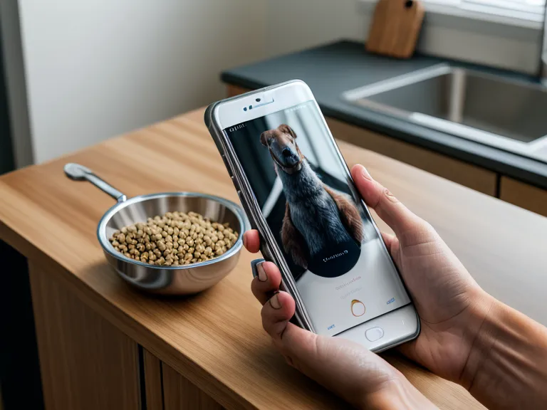 Pet telehealth app open on a smartphone beside a bowl of fresh dog food, part of a senior dog tracking routine
