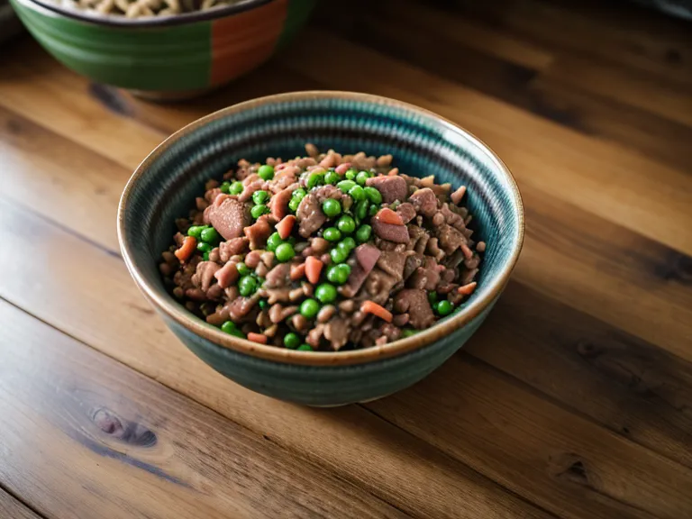 Close-up of fresh dog food with turkey, peas, and carrots in a bowl.
