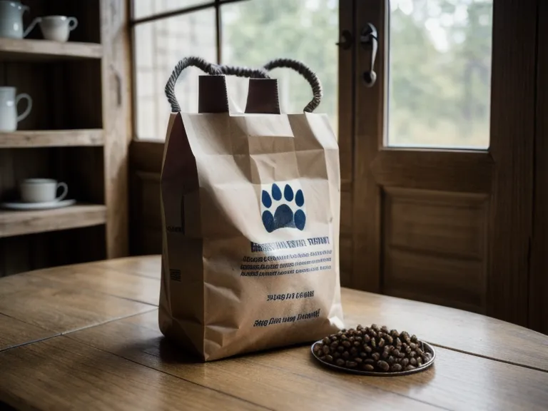 Close-up of a dog food ingredient list on a kitchen table.