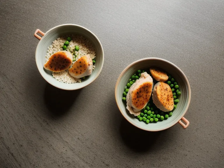 Bowls of dog food ingredients including peas and chicken to show splitting.