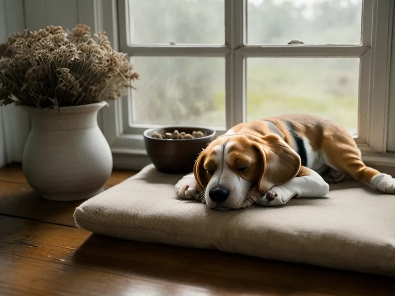 A beagle rescue dog sleeping peacefully in a sunny spot on the floor.