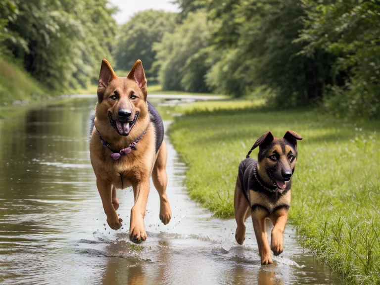 A senior shepherd mix dog walking comfortably along a grassy river bank.