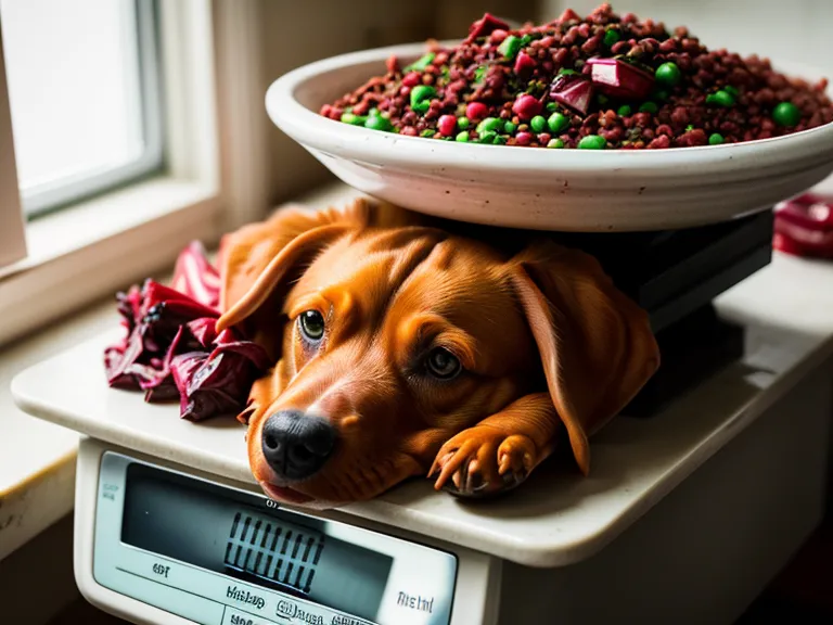 Close-up of fresh dog food being weighed on a kitchen scale with a beagle nearby.