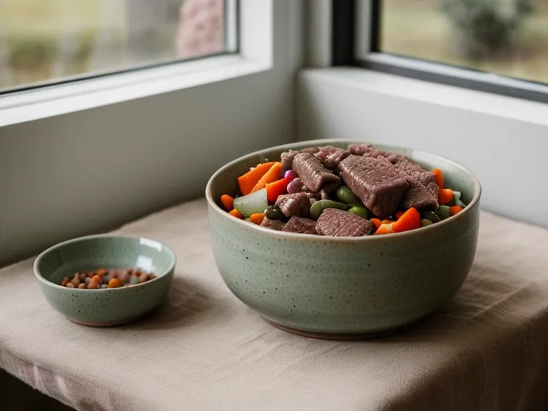 Close-up of fresh, whole-food dog recipe with visible beef and vegetables in a ceramic bowl.