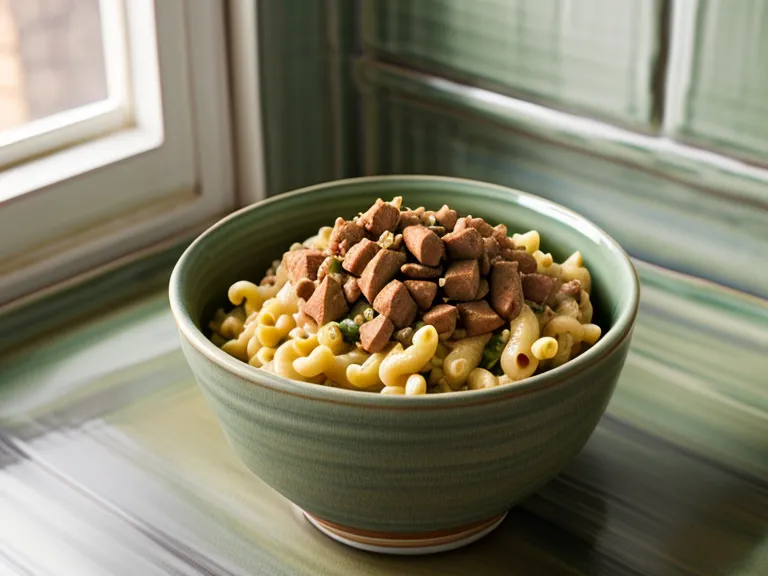 Close-up of fresh turkey and macaroni dog food being prepared in a ceramic bowl.
