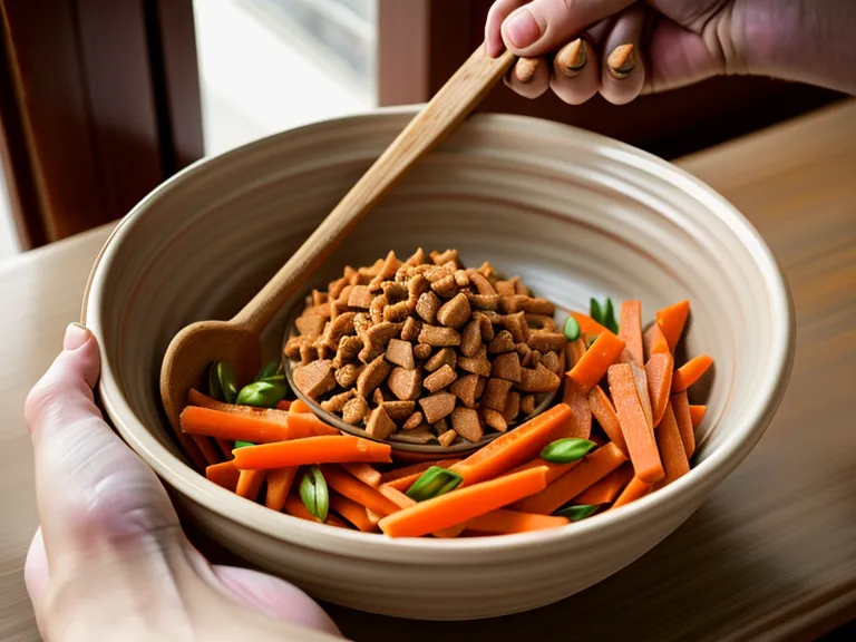 Close-up of fresh human-grade dog food with visible vegetables and turkey chunks in a bowl.