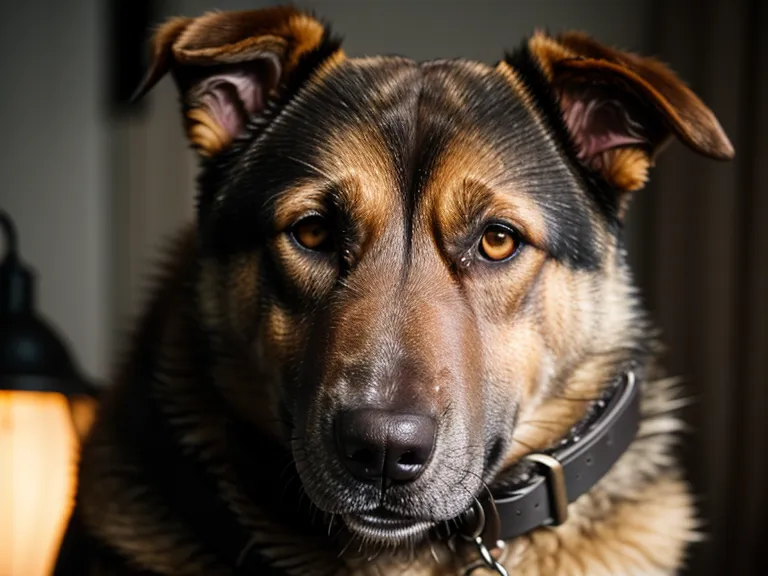 Close-up of a senior dog wearing a Maven Pet health tracker on its collar.