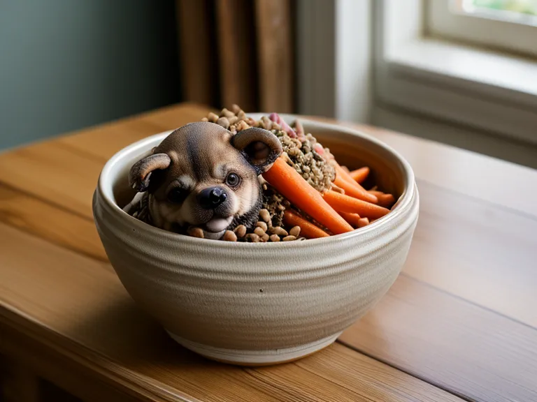 Fresh whole-food dog food with visible vegetables in a ceramic bowl.