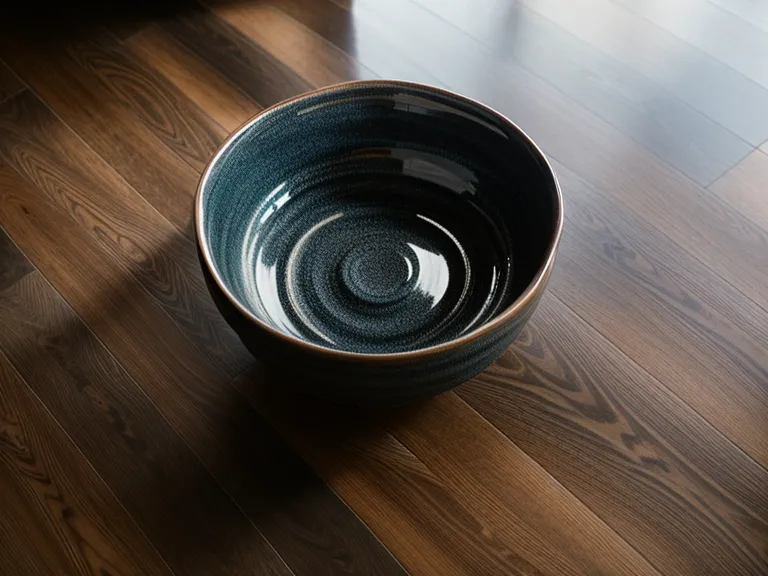 Close-up of a dog's water bowl under soft natural sunlight.