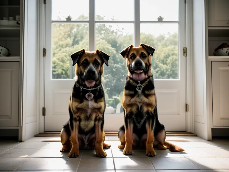 A shepherd and a beagle waiting for their separate meals in a sunlit kitchen.